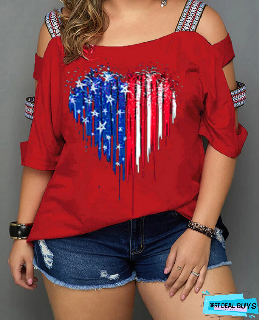 Print Cold Shoulder 3/4 Sleeves Casual Plus Size Blouses