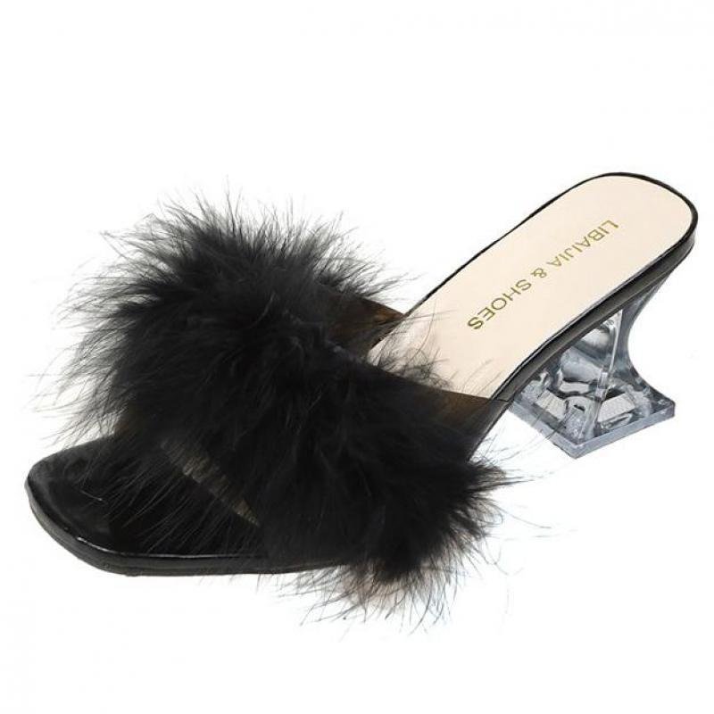 Qengg Summer Fluffy Peep Toe Sexy High Heels Women Shoes Fur Feather Lady Fashion Slip On 2022 Ytmtloy Indoor House Slippers