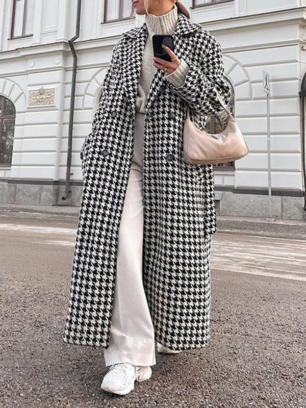 Tied Waist Split-Joint Split-back Houndstooth Loose Long Sleeves Lapel Trench Coats