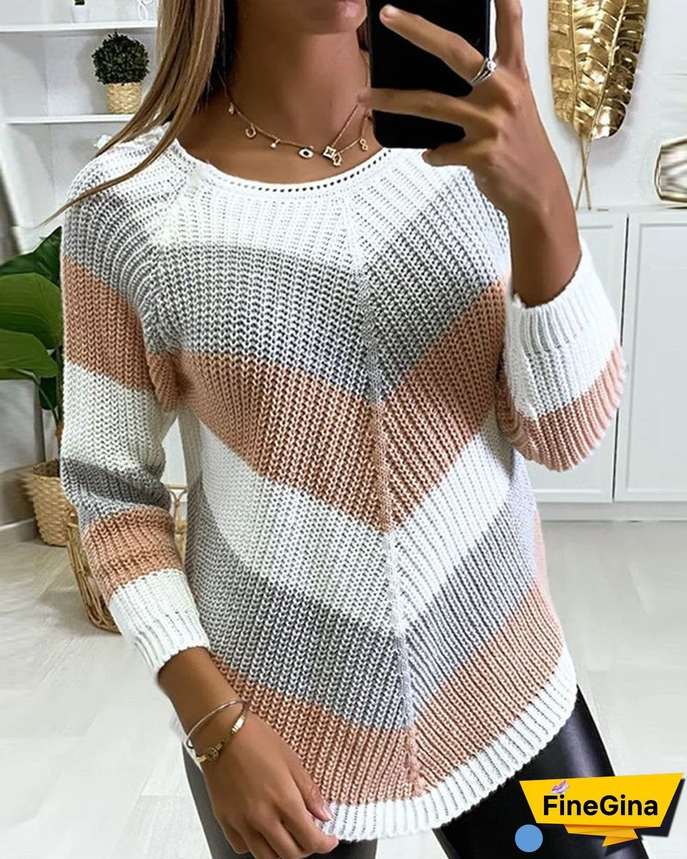 Chevron Pattern Colorblock Long Sleeve Knit Sweater