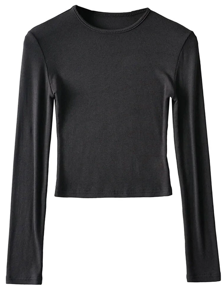 2023 Women Clothing Elastic Cotton Crop Tops Casual Solid O-neck Long-sleeve T-shirt