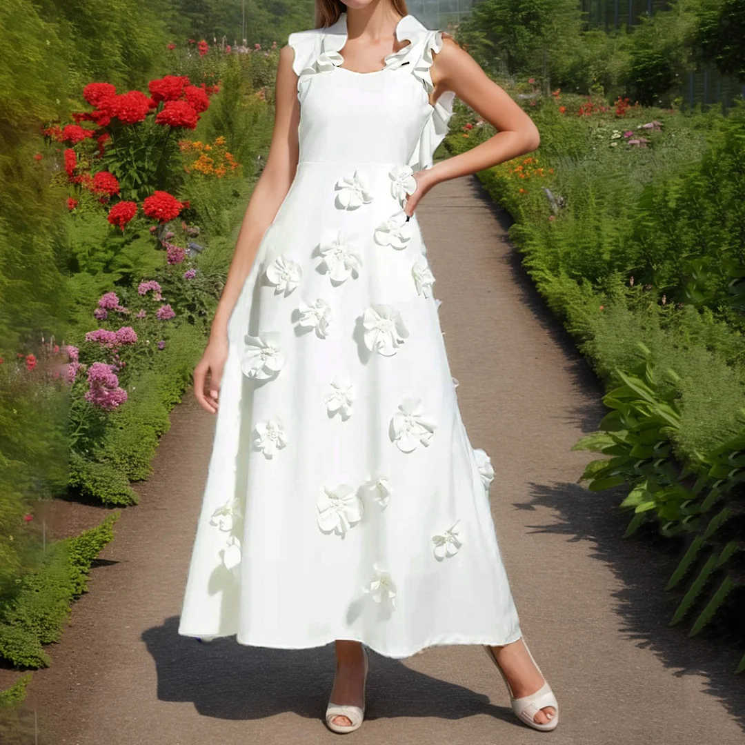 Elegante abito lungo con bretelle e volant floreali patchwork