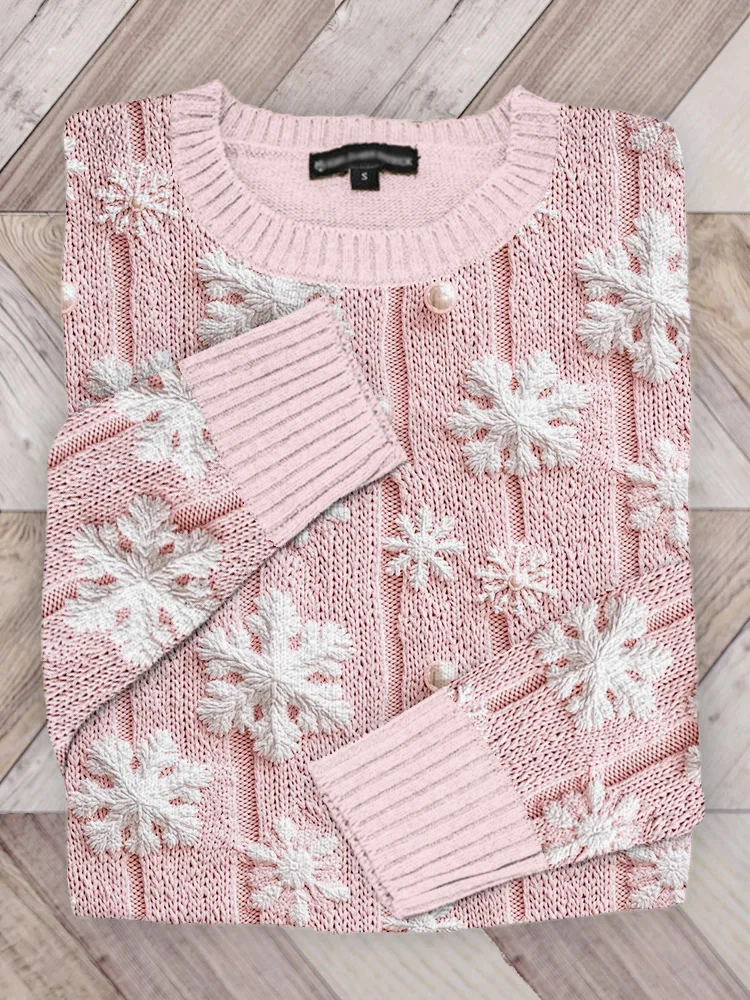 Pink Winter Snowflakes Knitted Pattern Cozy Sweater