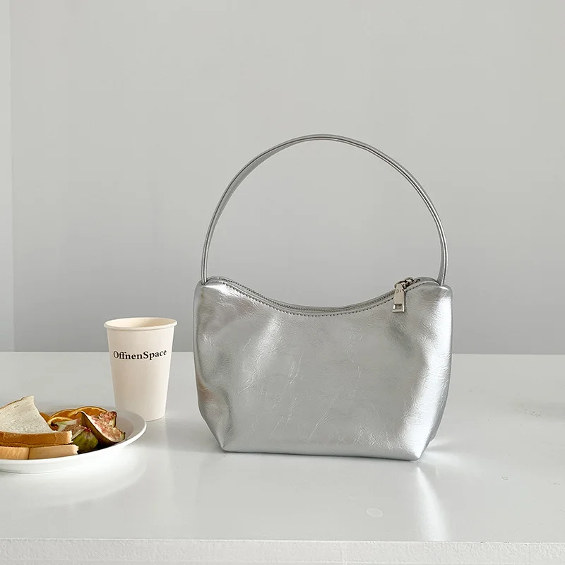 Mongw Mongw Silver Commuter Armpit Bag Female Solid Color Simple Fashion Handbag Advanced Sense Small Joker Shoulder Bag