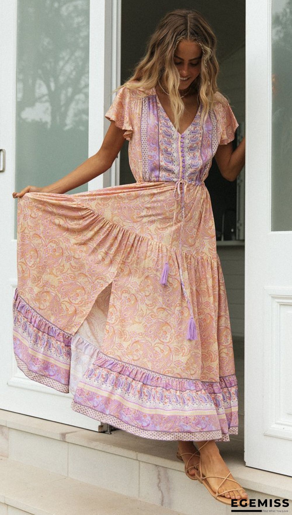 Bohemian Holiday Dress Positioning Flower Single Breasted Dress | EGEMISS