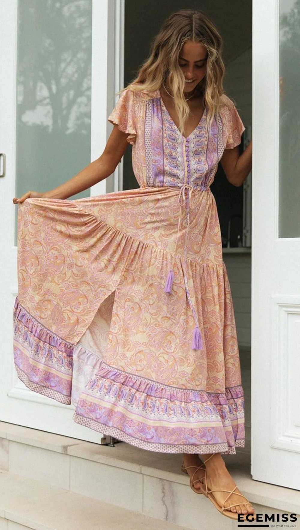 Bohemian Holiday Dress Positioning Flower Single Breasted Dress | EGEMISS