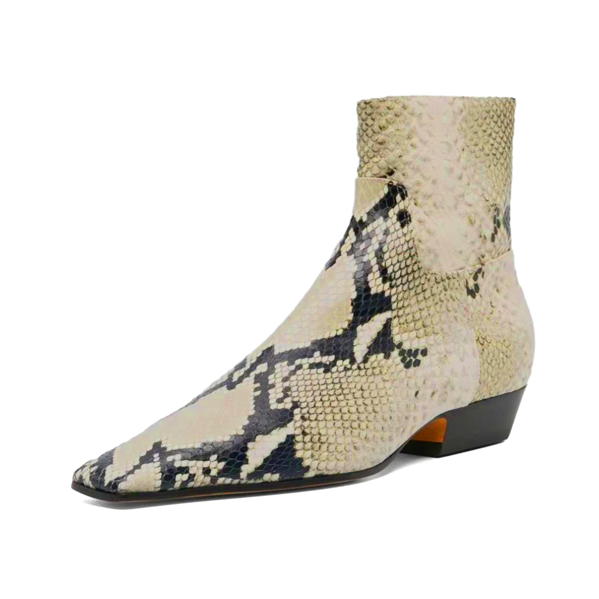 Beige & Black Snake Embossed Square Toe Zipper Low Heel Ankle Boots Nicepairs