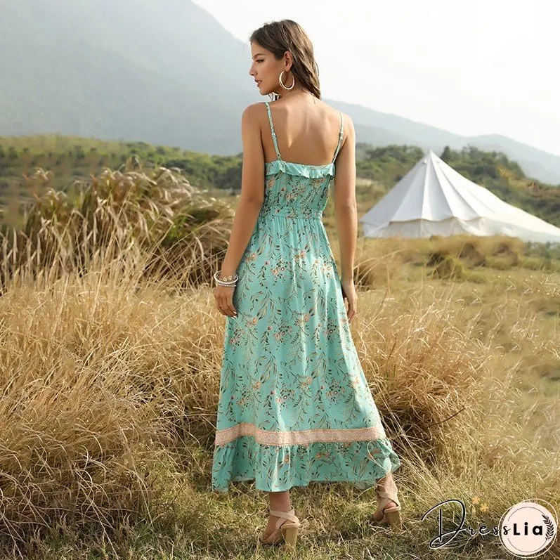 Bohemian Wind Printed Flounced V-neck Suspender Dress