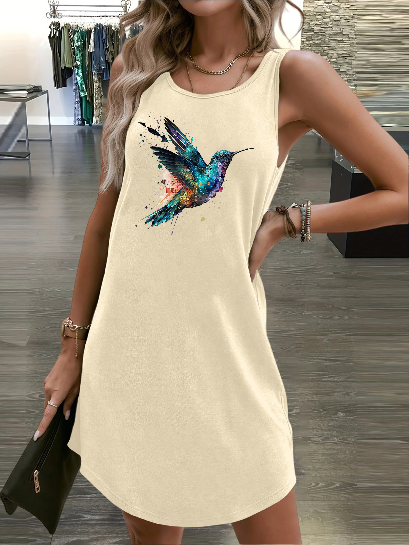 Women's Fashion Sleeveless Tank Dress, Summer Knit Fabric, Solid Color, Round Neck, Polyester, Young Style, Casual Printed Hummingbird Design, A-Line Cut | IFYHOME