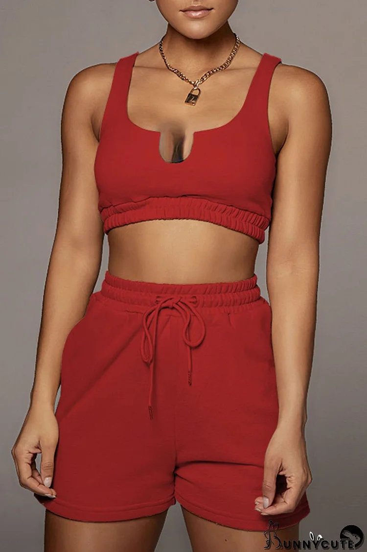 Red Casual Solid Split Joint U Neck Two Pieces