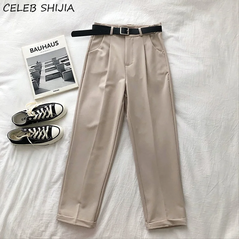 Woherb Gray Pants Woman with Belt High Waist Elegant Straight Leg Pants Office Lady Business Chic Baggy Trousers Woman Clothes