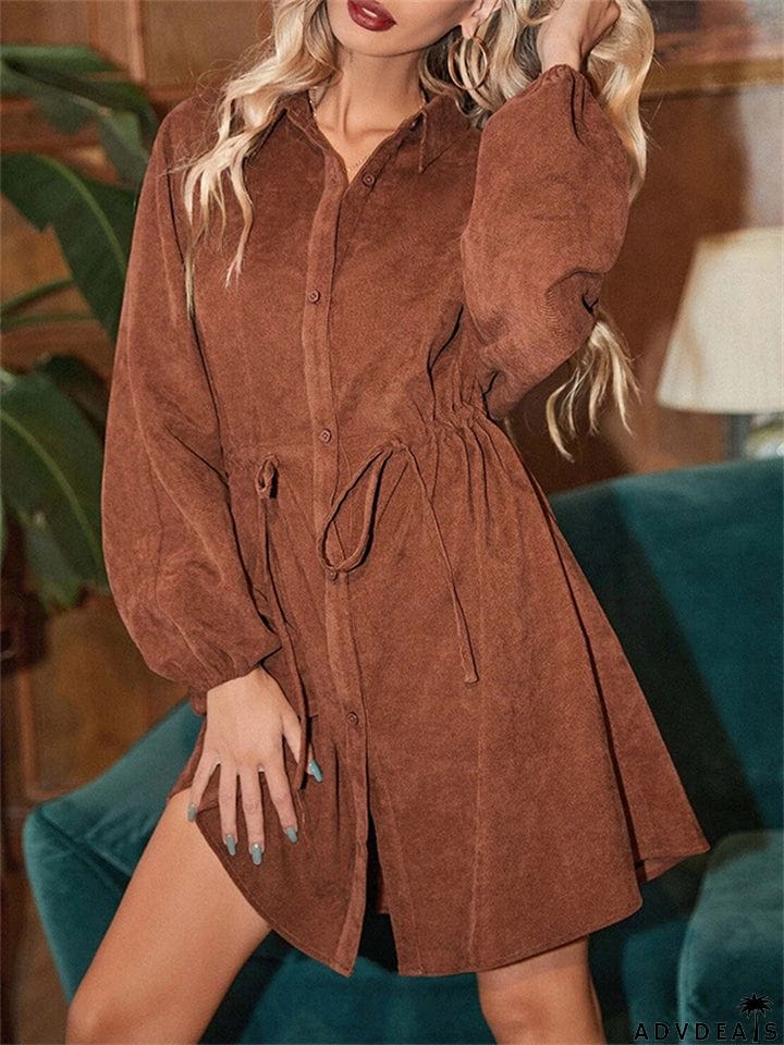 Female Elegant Vintage Knee Length Solid Commuting Corduroy Dresses