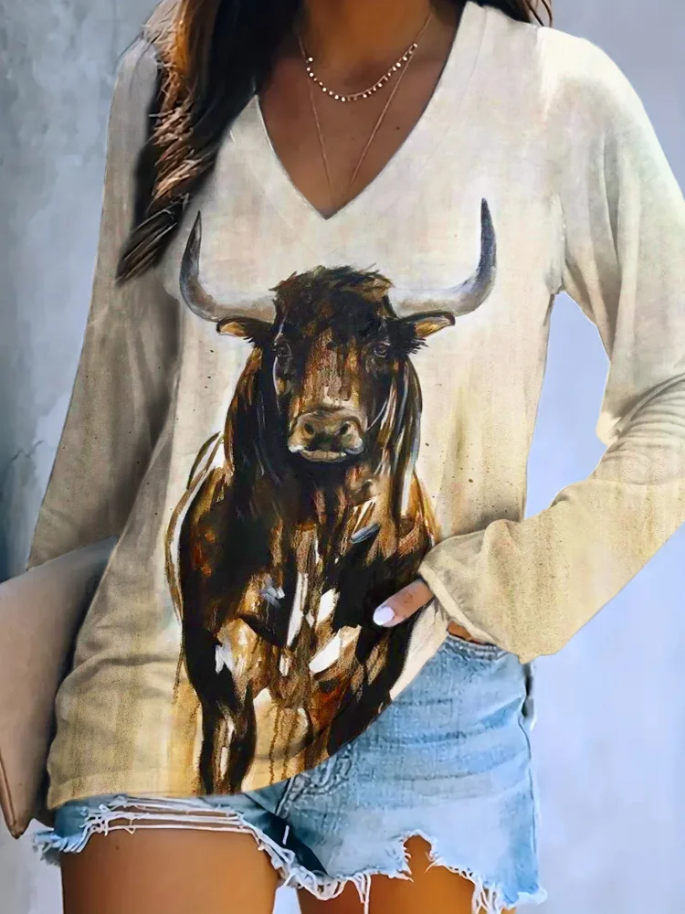VChics Western Highland Cattle Print Long Sleeve V-Neck T-Shirt