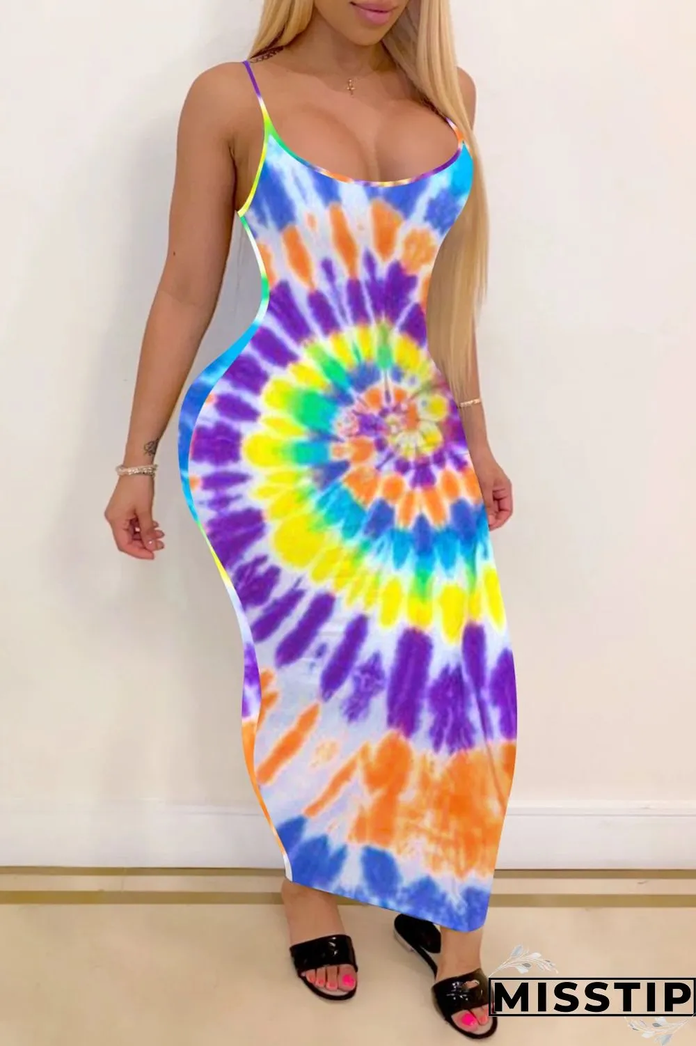 Pink Sexy Print Tie Dye Backless Spaghetti Strap Long Dress Dresses