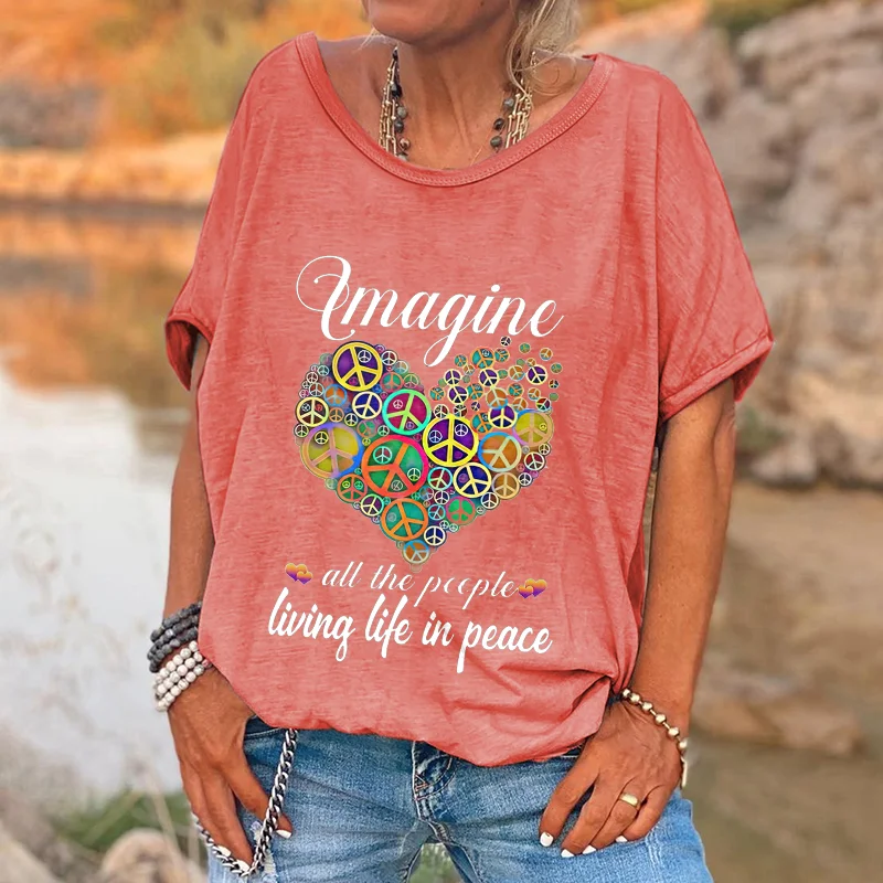Imagine All The People Living Life In Peace Printed Hippie T-shirt