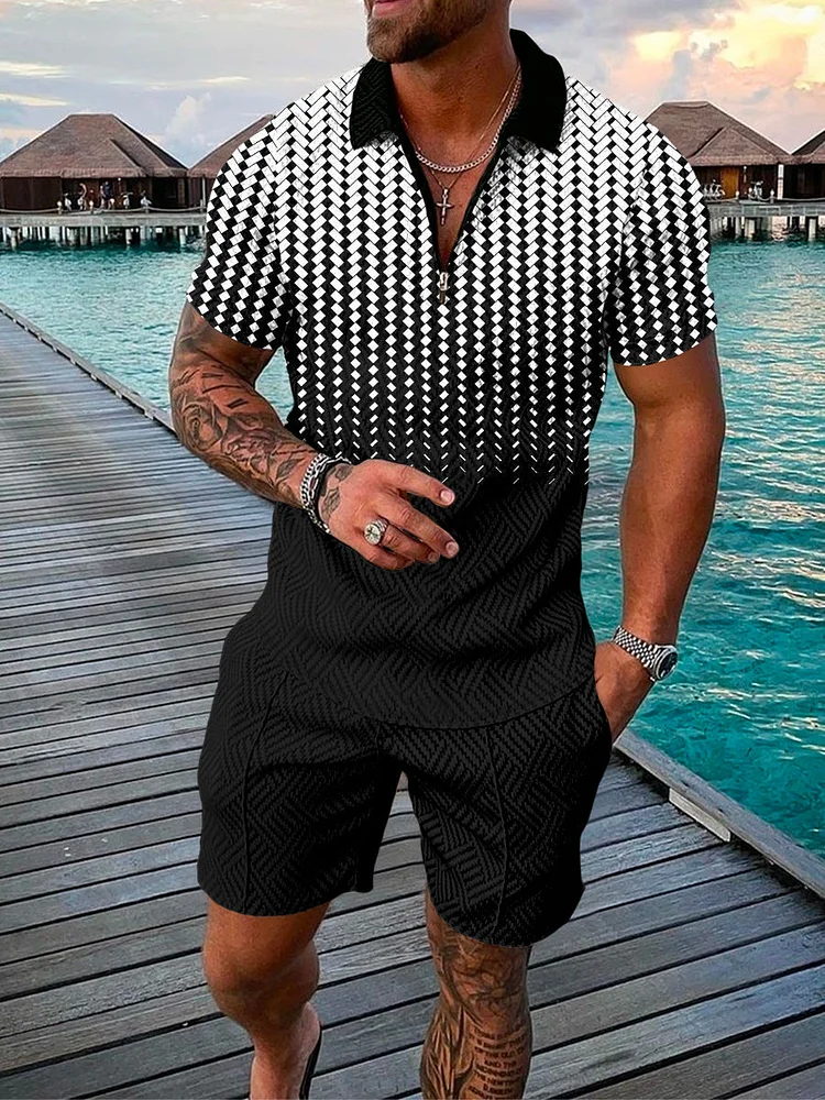 Men's Vacation Printing Color Zip Polo Shirt and Shorts Two-Piece Suits