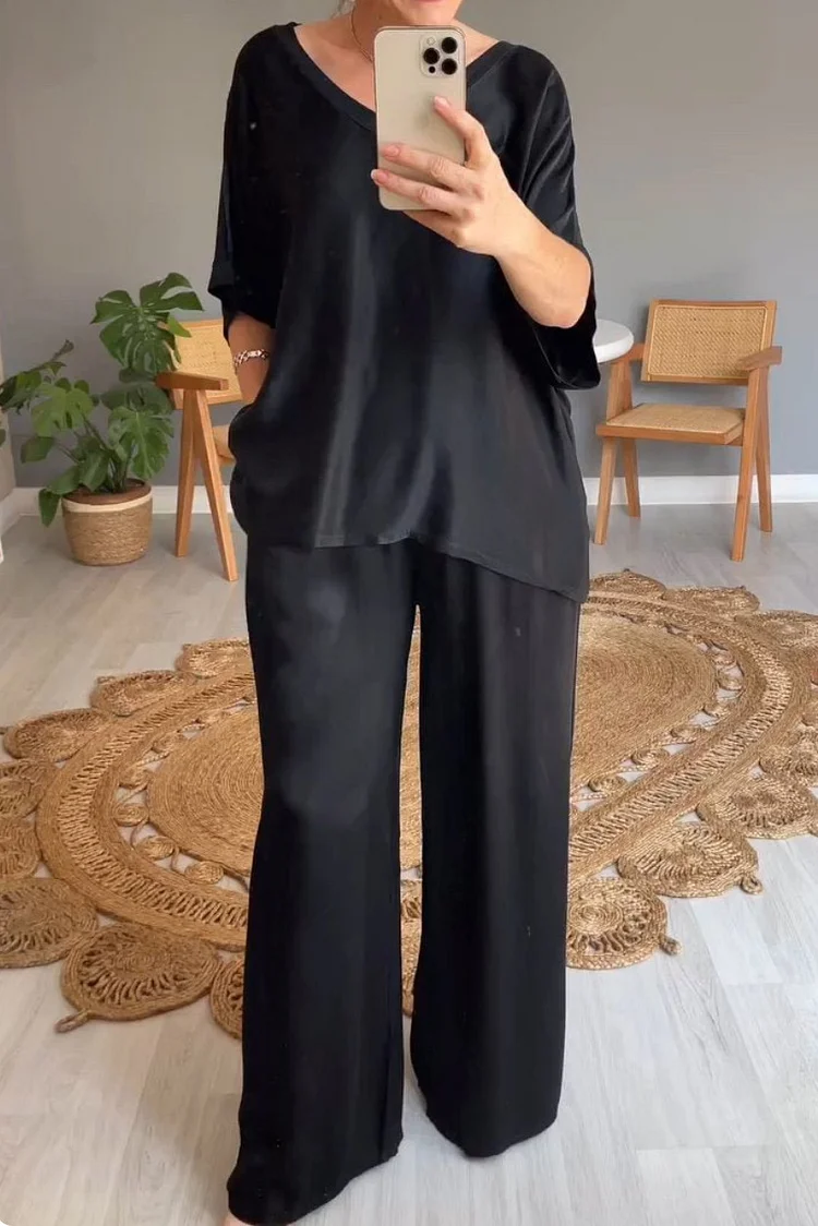 Women's 2024 Casual Stain 2Piece Set V-Neck Loose Top and Wide Leg Long Pants