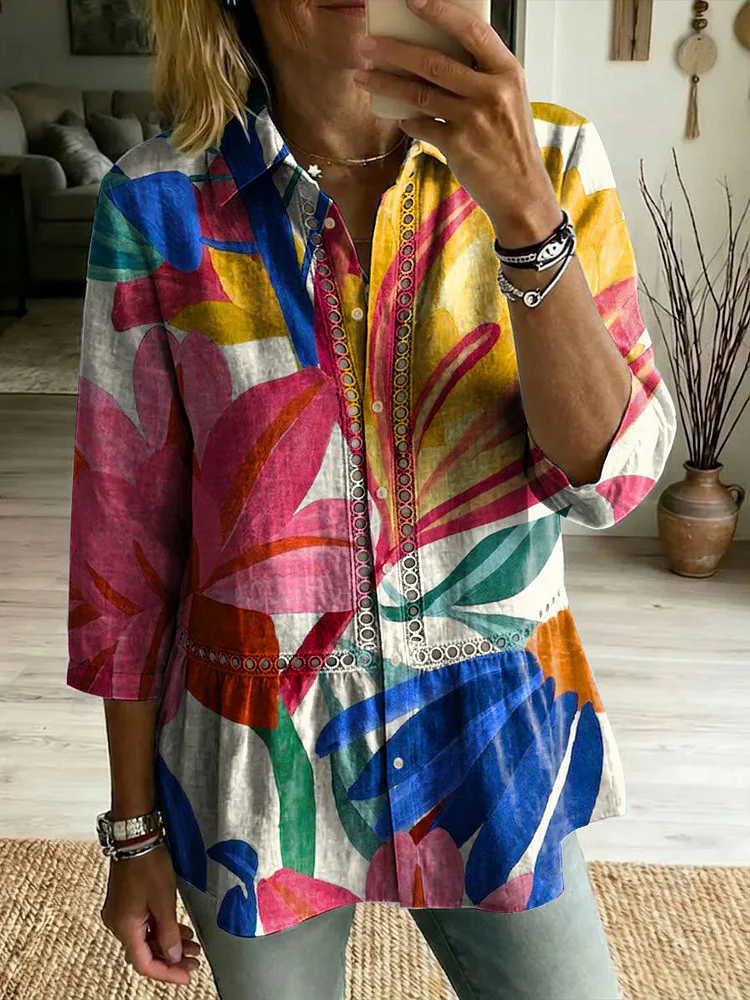 Floral Flowers Art Patterns Casual Patchwork Openwork Webbing Linen And Cotton Shirt