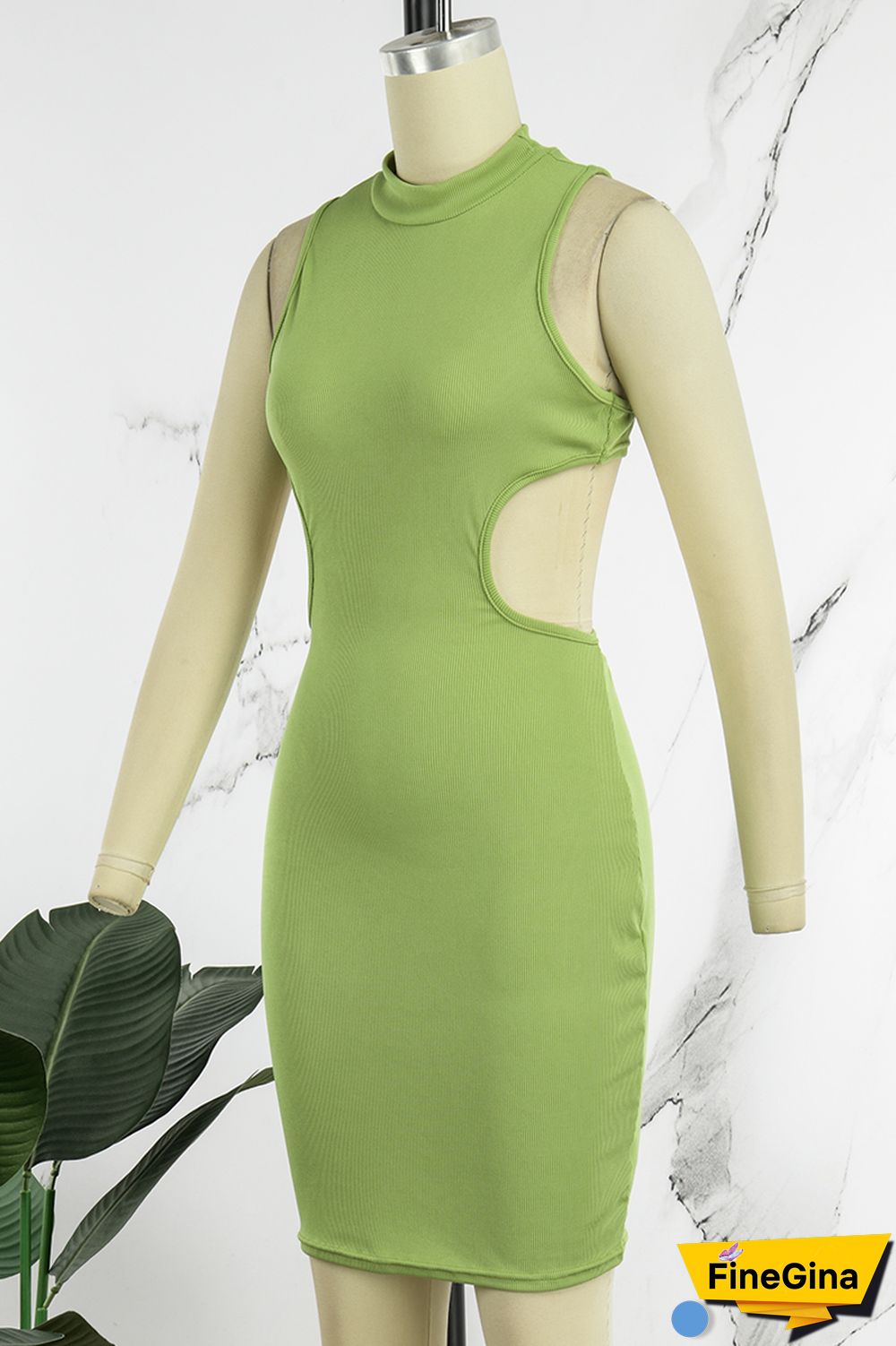 Cream White Casual Solid Hollowed Out Turtleneck Sleeveless Dress Dresses