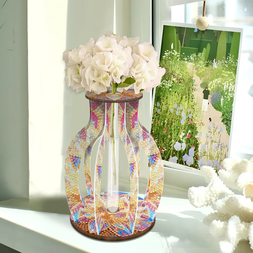 DIY Wood Mandala Diamond Painting Flower Vase Ornaments for Home Office Decor