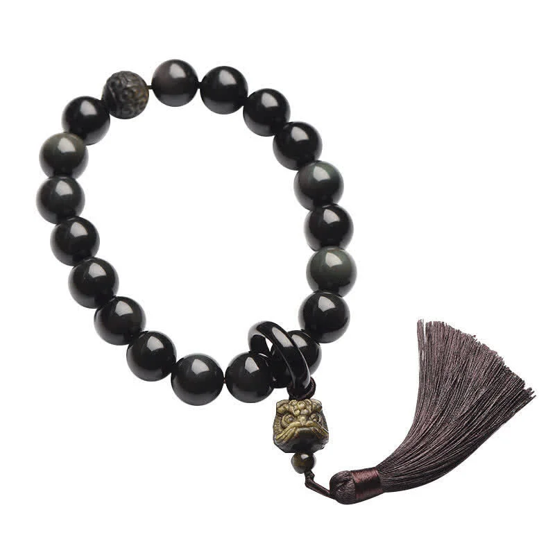 Natural Black Obsidian Lion Wrist Mala Protection Tassels Pocket Mala Car Decoration
