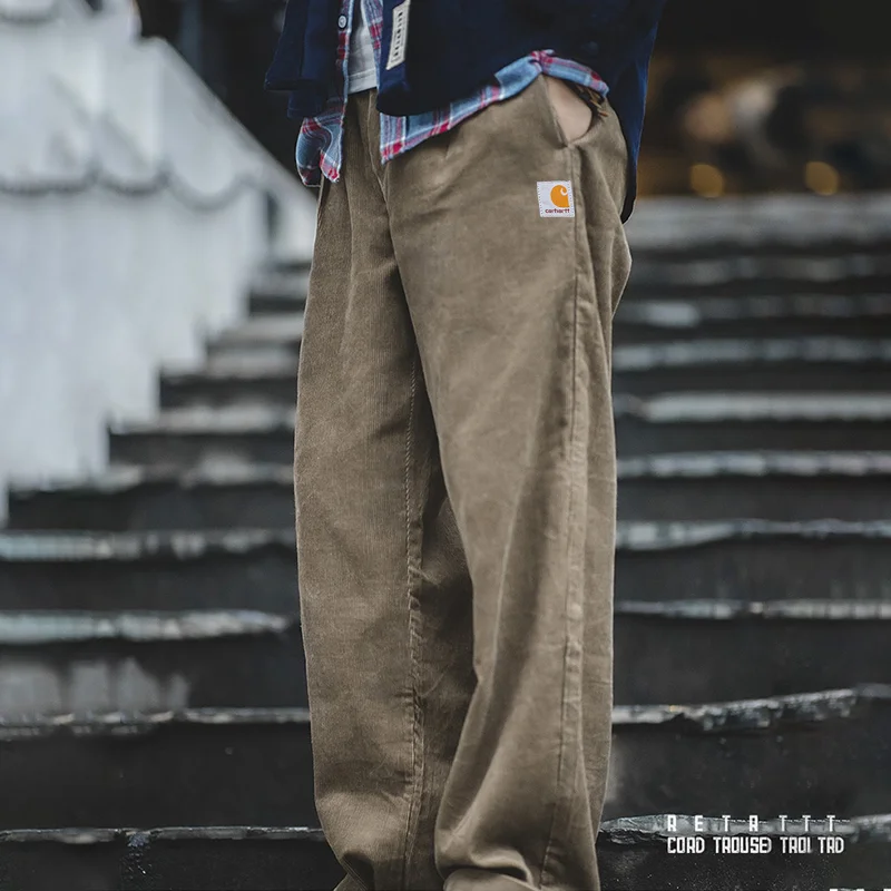 Retro Loose Corduroy Pants Wide Leg Mid Waist Striped Velvet Straight Trousers Men's Winter Casual Cargo、、URBENIE