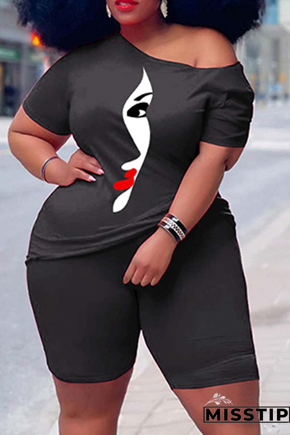 Orange Casual Print Basic Oblique Collar Plus Size Two Pieces