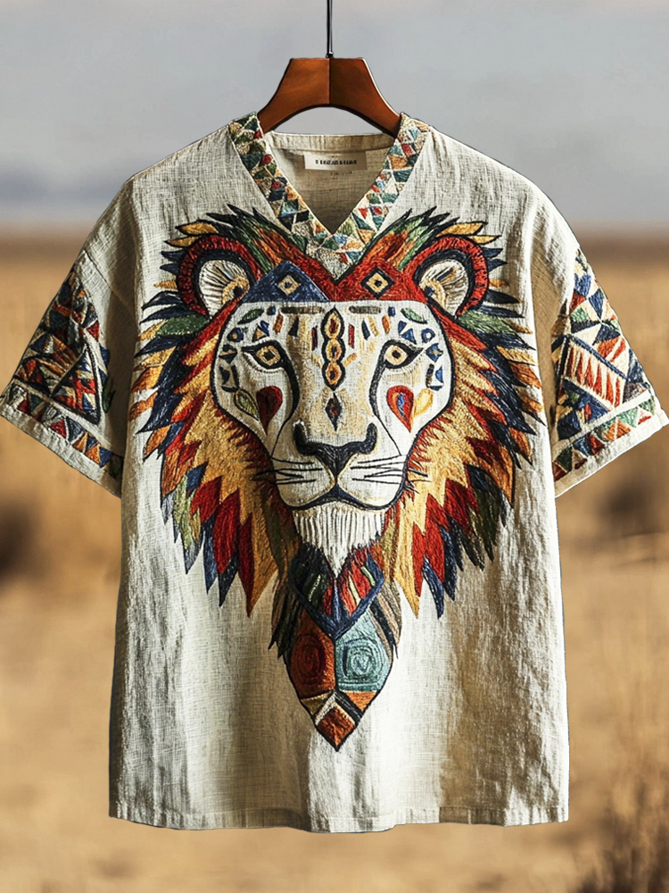 African Lion Tribe Embroidered Men's V-neck Linen T-shirt