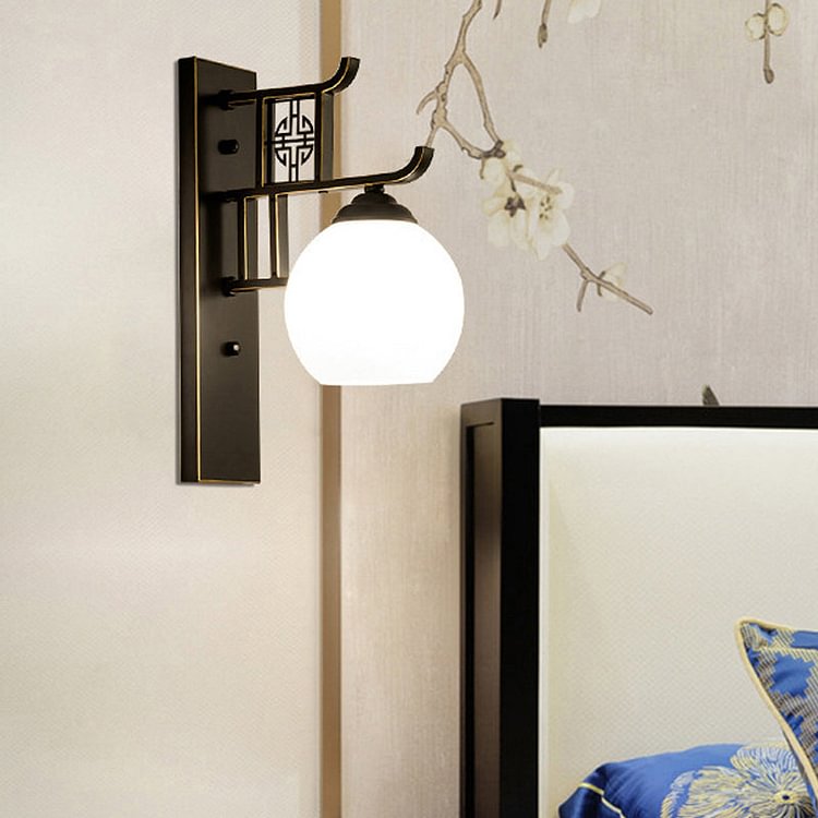 Spherical Bedside Sconce Light Fixture Classic Opal Glass 1 Light Black Wall Mounted Lamp