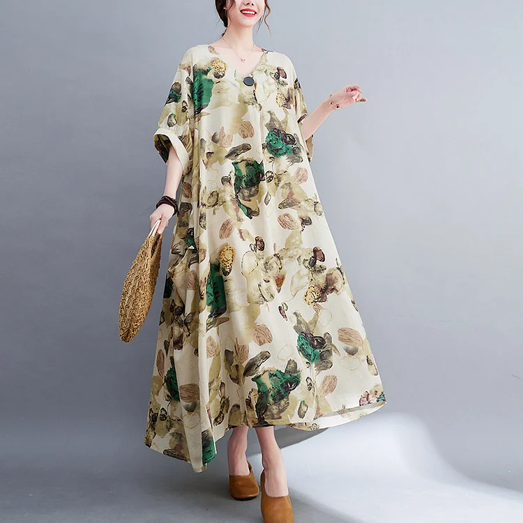 Loose Cotton And Linen Print Short Sleeve Midi Dress - yankia