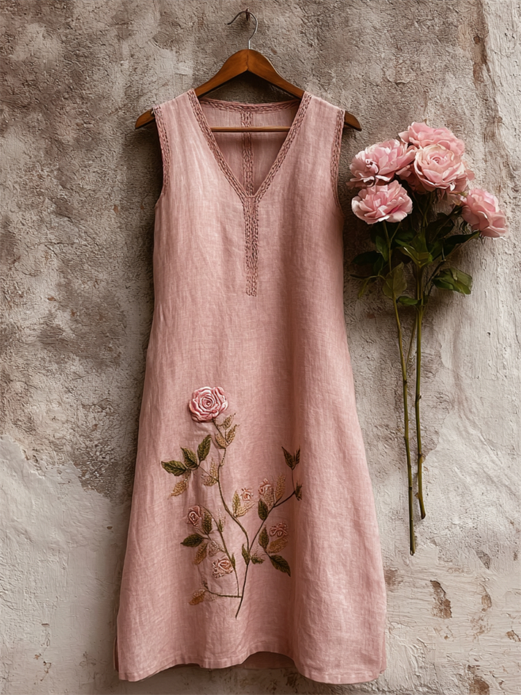 Vintage Classy Pink Rose Linen Tank Dress wearshes