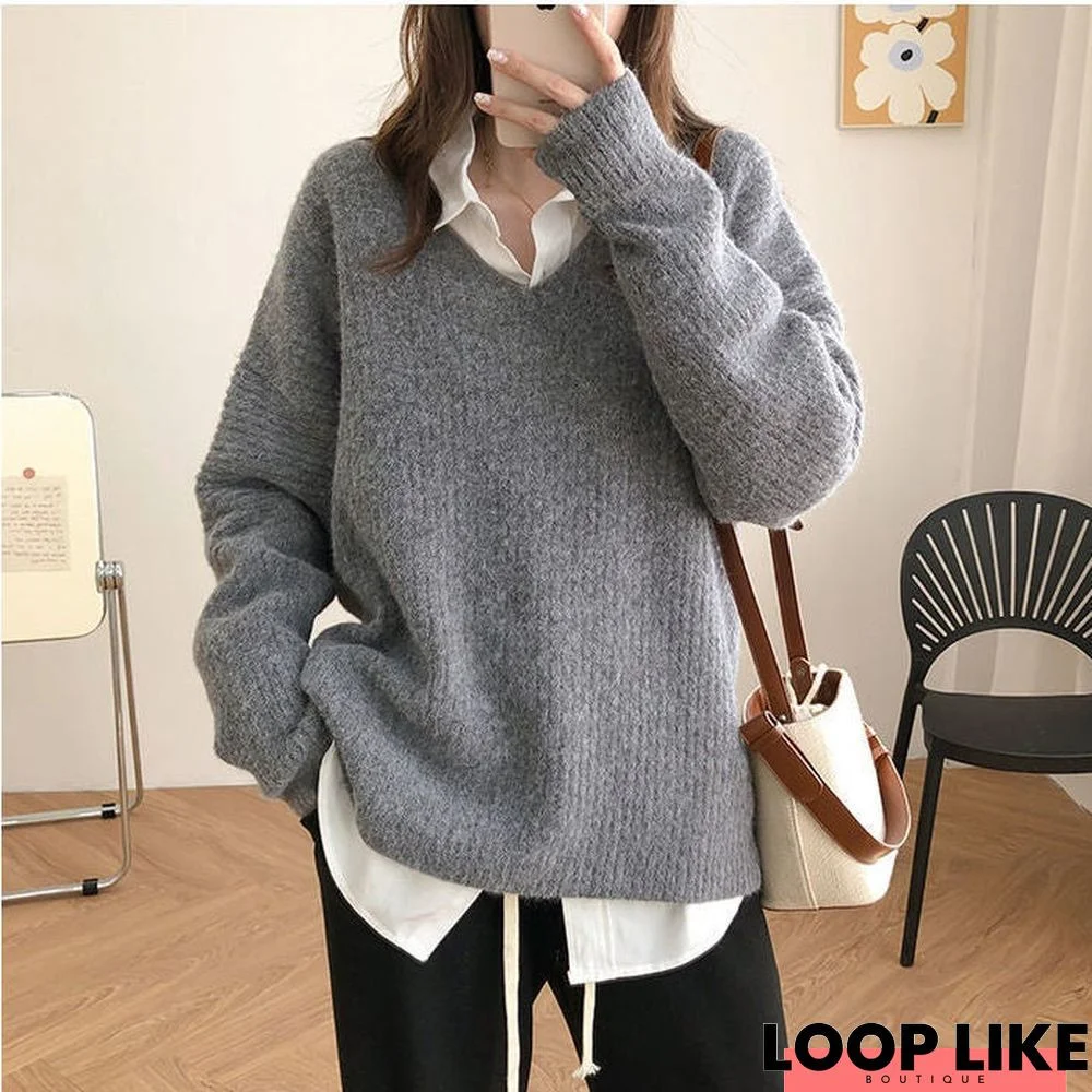 Retro Lazy V-Neck Loose Sweater