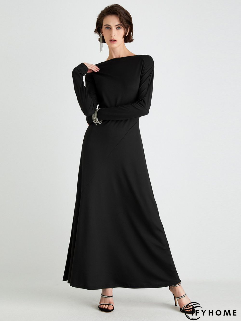High Elasticity Regular Fit Plain Elegant Long sleeve Long Dress | IFYHOME