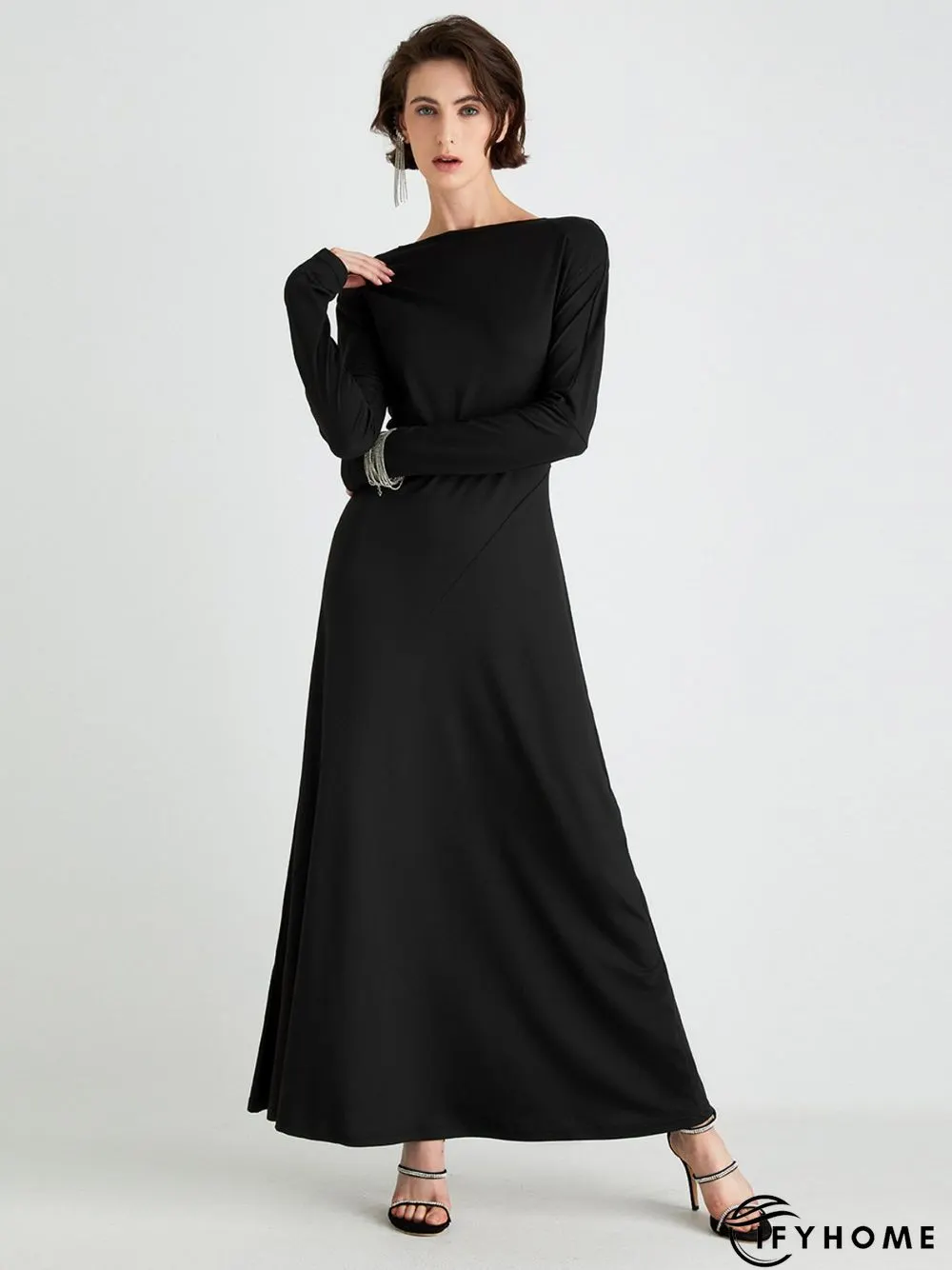 High Elasticity Regular Fit Plain Elegant Long sleeve Long Dress | IFYHOME