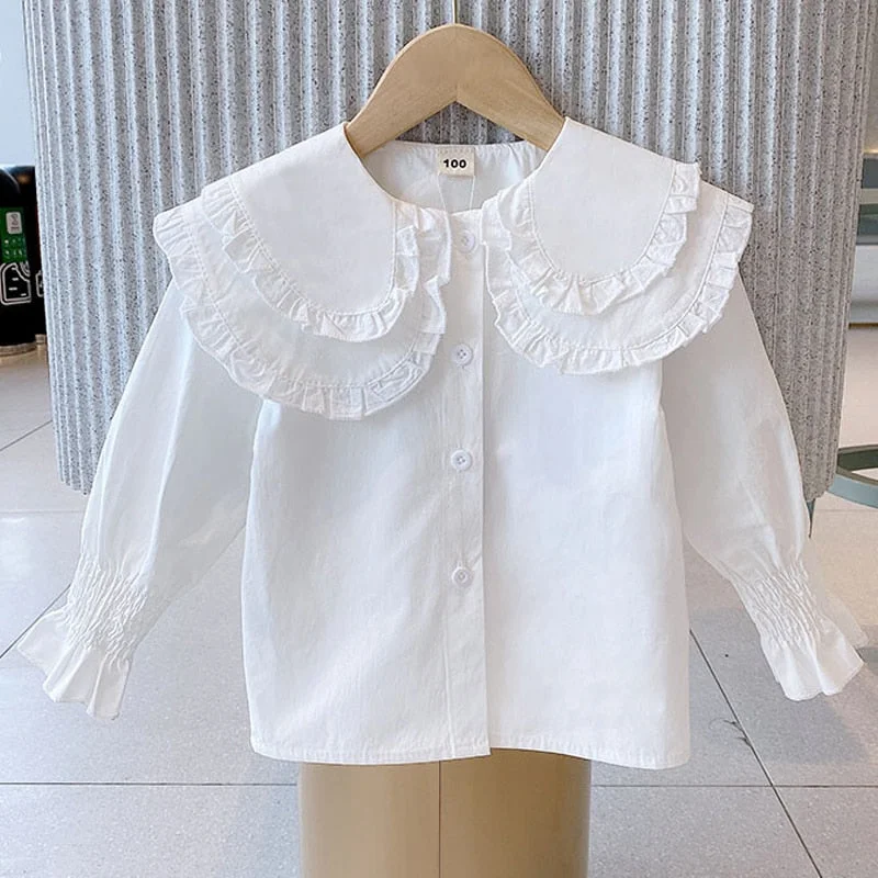 Embroidery Long Sleeve Children Shirts Cotton Girls Blouse for Kids Spring Cute Toddler Lace Tops Girls Clothing for 12M-8Y