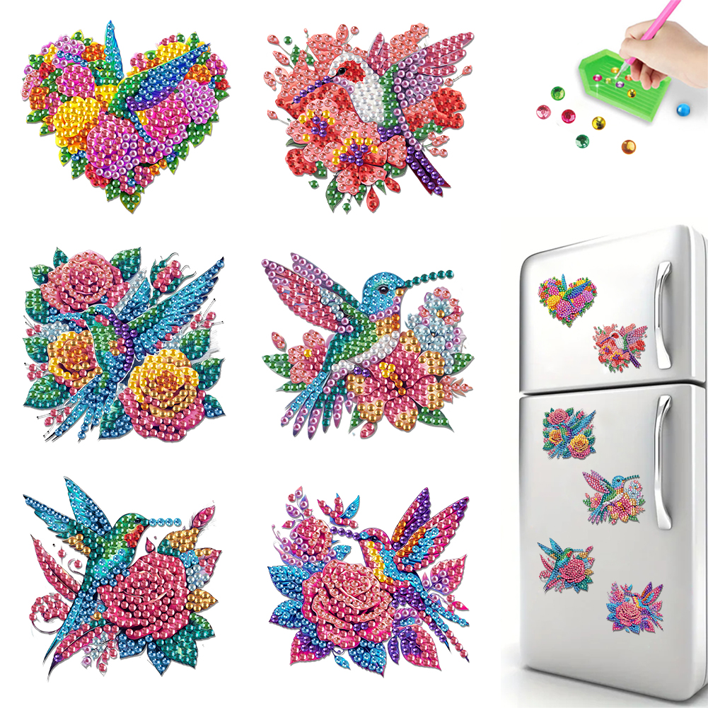 6Pcs Acrylic Hummingbird Diamond Painting Fridge Magnet for Adults Beginners