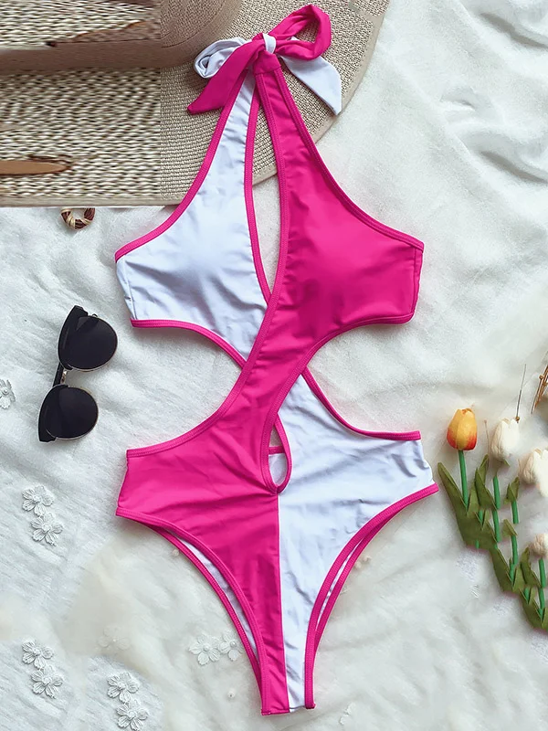Sexy Contrast Color Hollow Bandage One-Piece Swimwear 