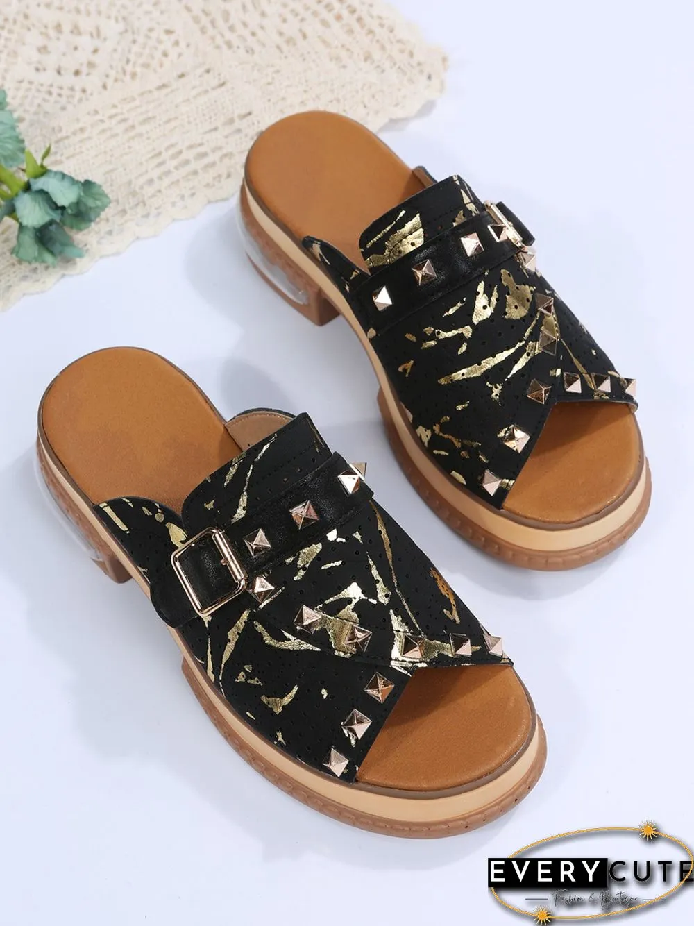 Urban Studded Snake Print Chunky Heel Slippers
