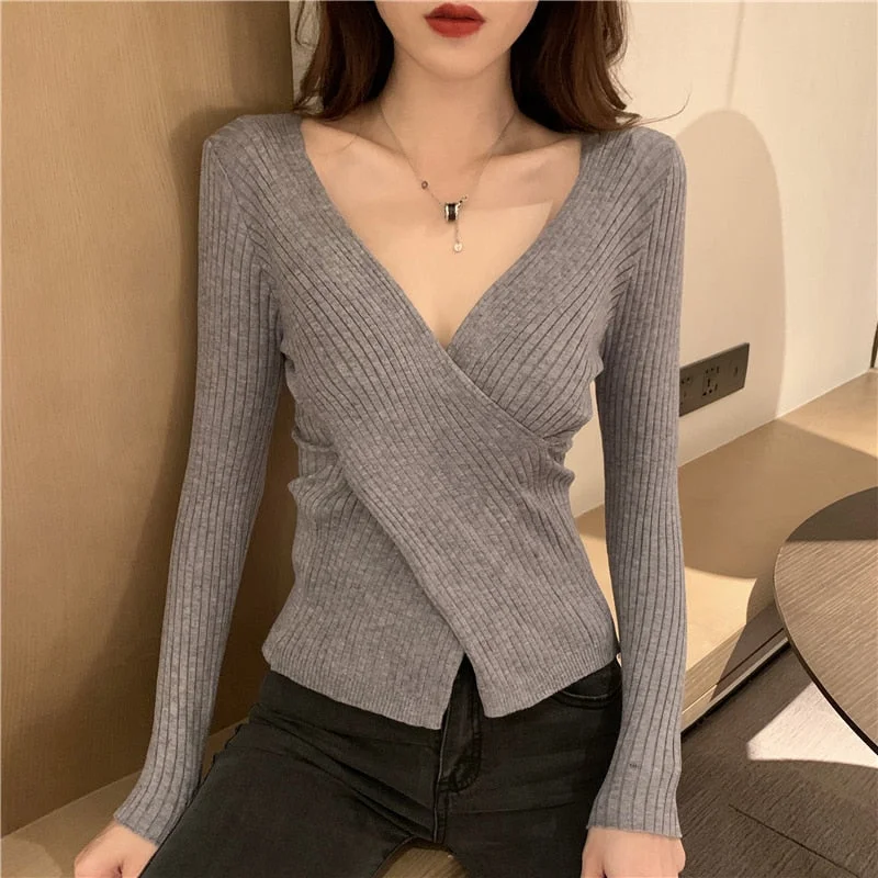 Zoki Knitted Full Women Sweater Long Sleeve Fashion Crossed V Neck Jumper Causal Sexy Autumn Slim Pullover Ladies Basic Top 2021