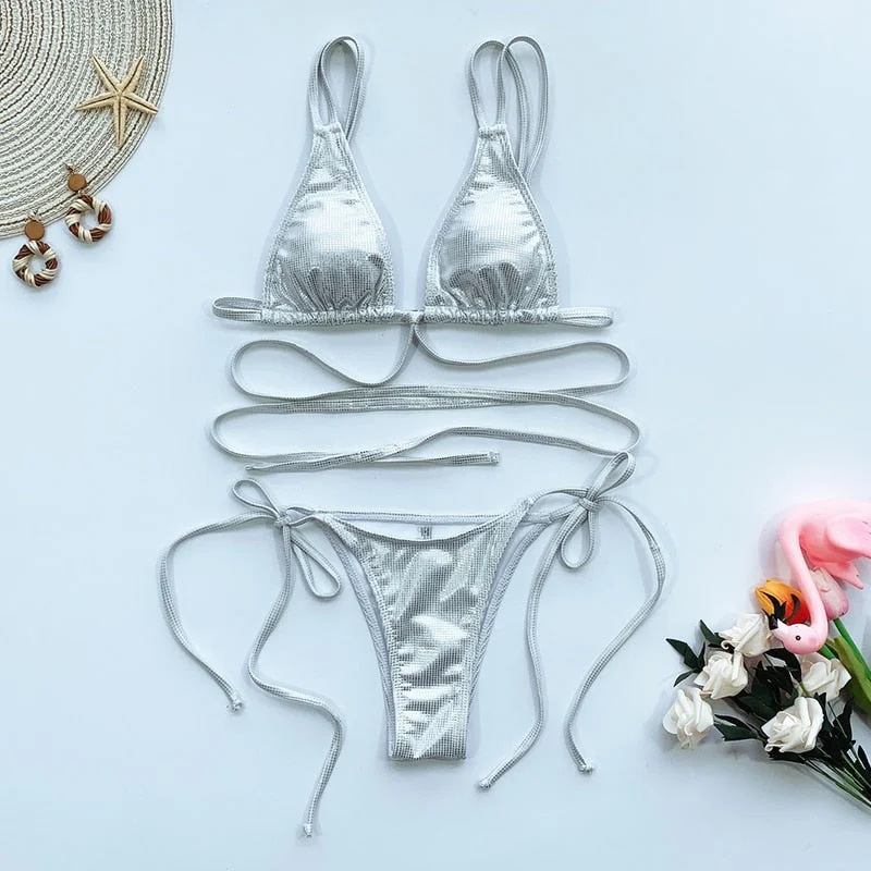 Peachtan Sexy Extreme Micro Bikini 2020 Solid Gold Bathing Suit Triangle Swimsuit Push Up String Bandage Swimwear Women Biquini