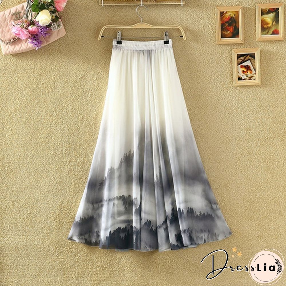 Summer Bohemian Long Skirt Chiffon Elegant Print Casual Skirts