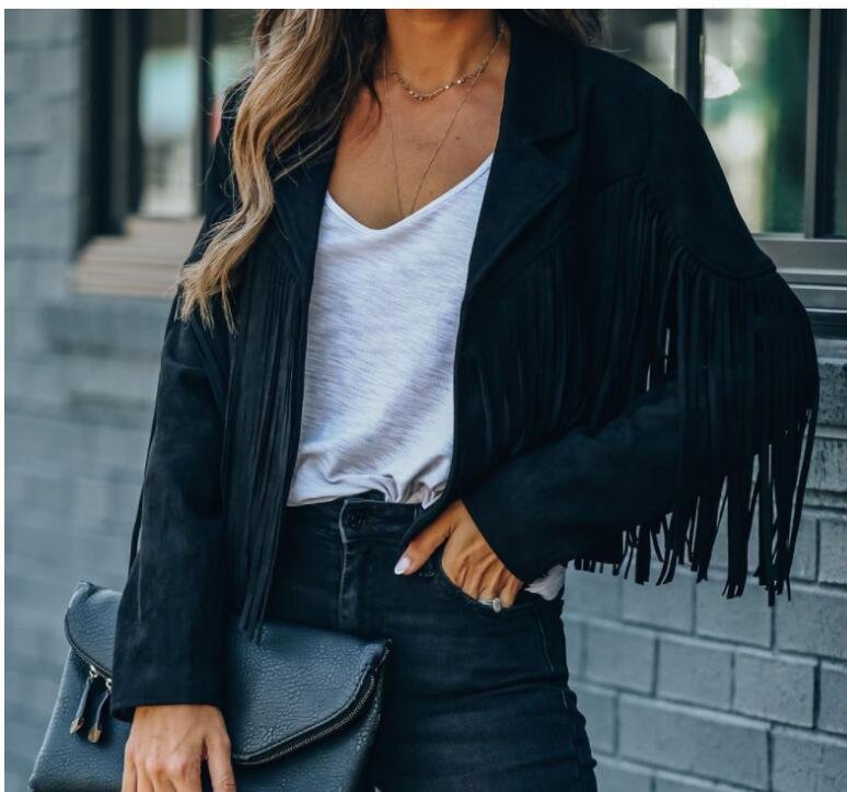 Women's Slim Top Sleeve Printed Tassel Coat For Women