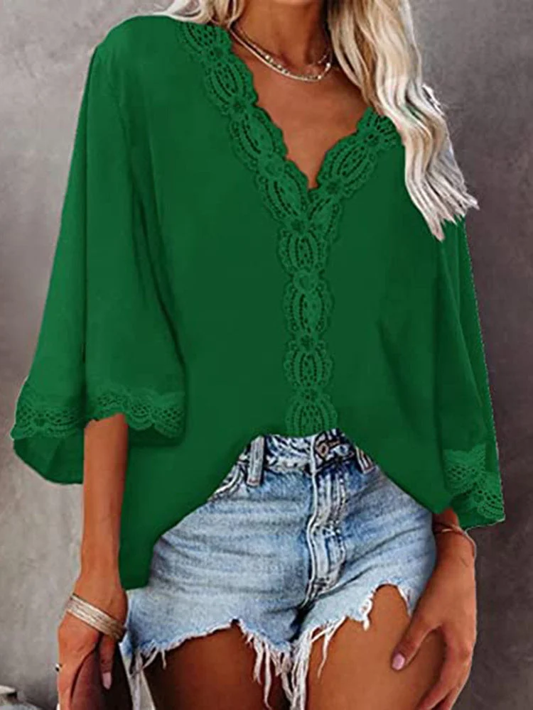 Women's 3/4 Sleeve V-neck Lace Tops