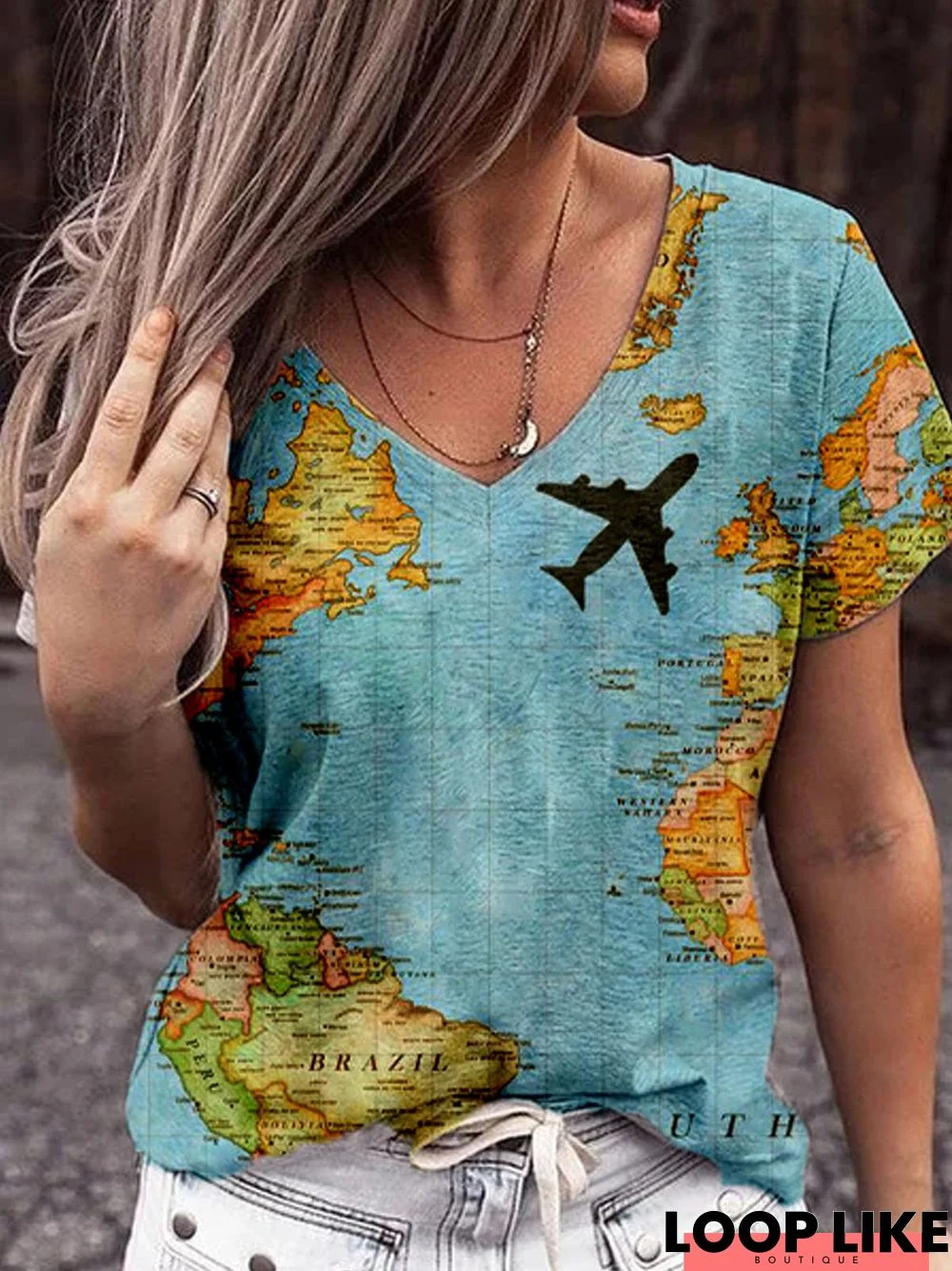 Casual V Neck Printed Abstract   Map Tees T-shirt