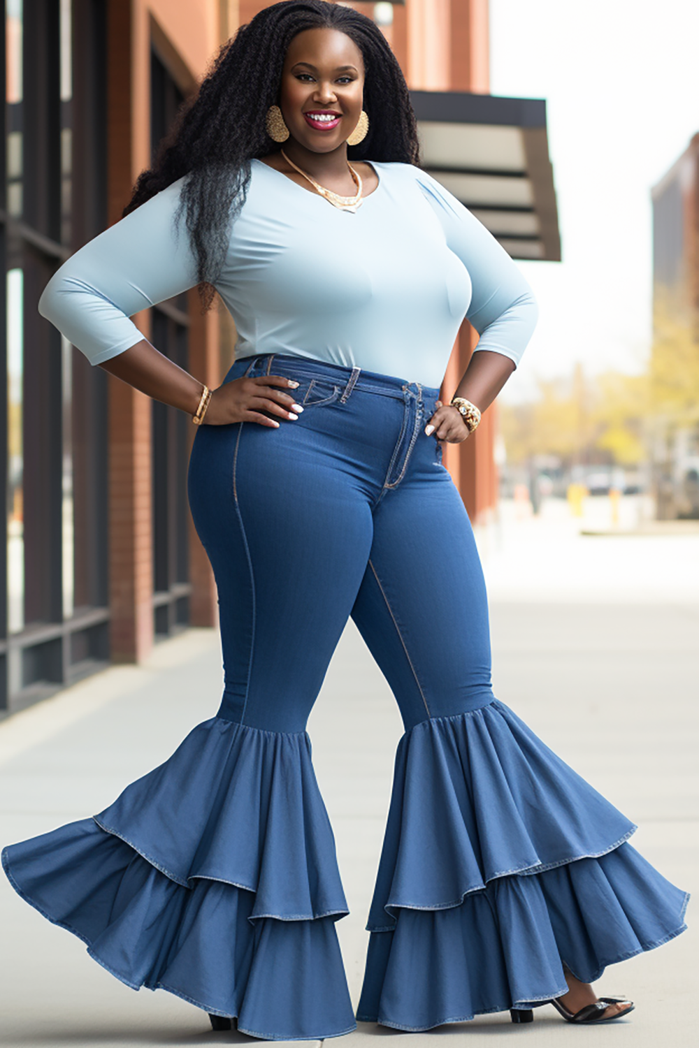 Design Plus Size Daily Blue Ruffle Flare Denim Jeans [Pre-Order]