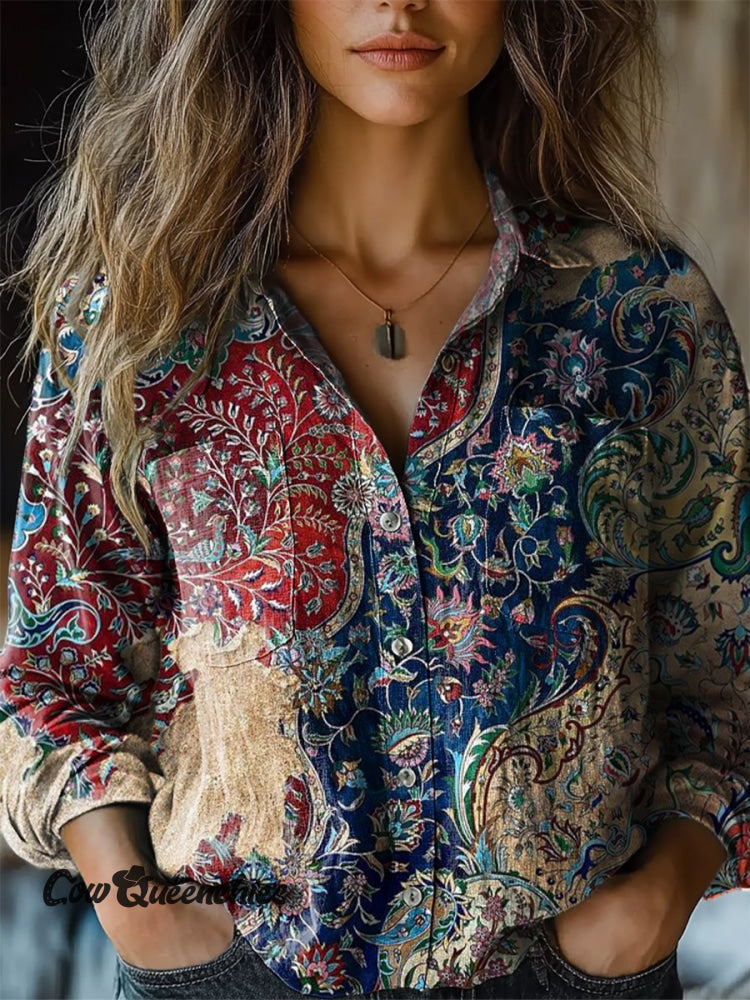 Women’s Retro Ethnic Floral Pattern Print Casual Long Sleeve Comfortable Cotton Shirt Multicolor / S
