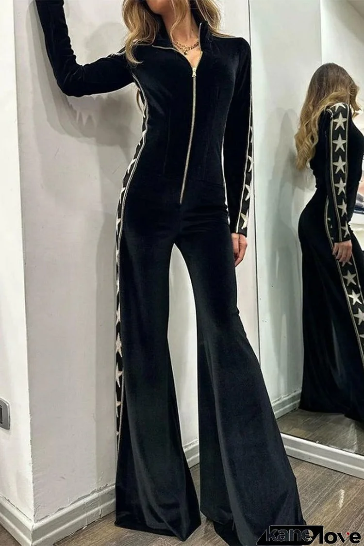 Casual Solid Patchwork Zipper Half A Turtleneck Regular Jumpsuits