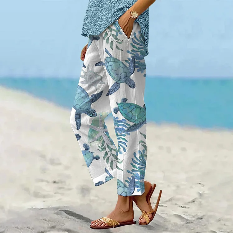 VChics Beach Turtle Print Casual Pants