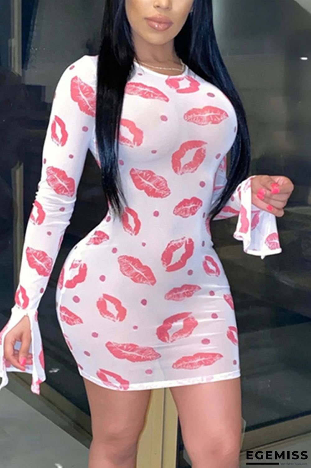 White Sexy Perspective Mesh Lip Print Dress | EGEMISS