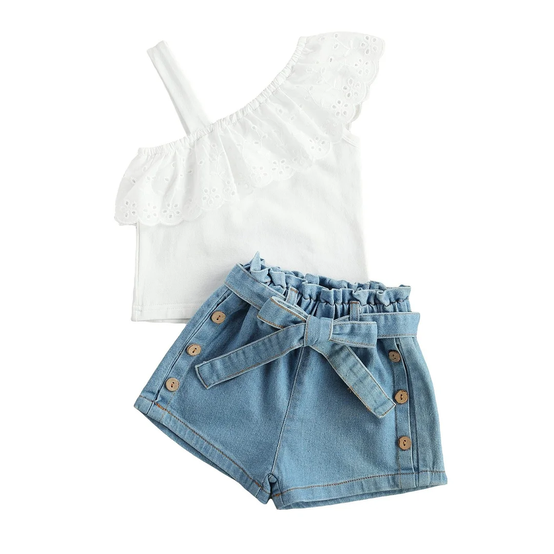 Infant Kids Baby Girls 2Pcs Set Clothes One Shoulder Lace Ruffled Tops Shirt Denim Shorts Summer Fashion Outfits 18M-6Y